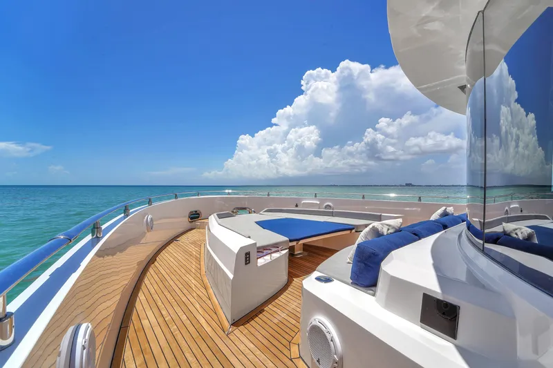  Yacht Photos Pics Luxurious 2021 OKEAN 80 yacht deck with ocean view and blue sky.
