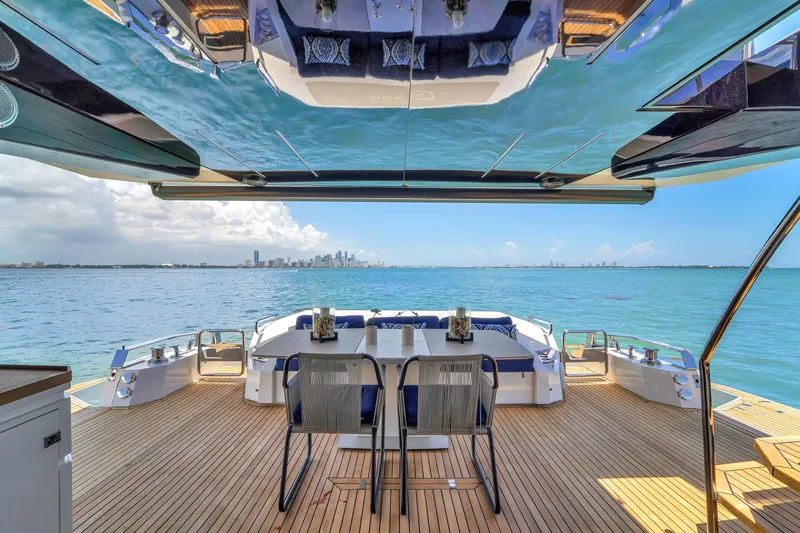  Yacht Photos Pics Luxurious 2021 OKEAN 80 yacht deck with ocean view and city skyline.