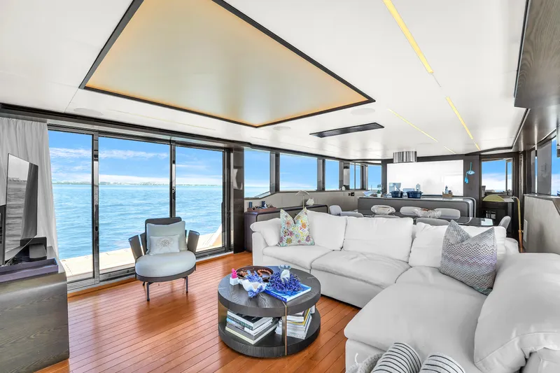  Yacht Photos Pics Luxurious interior of 2021 OKEAN 80 yacht with ocean view, featuring modern decor and spacious seating.