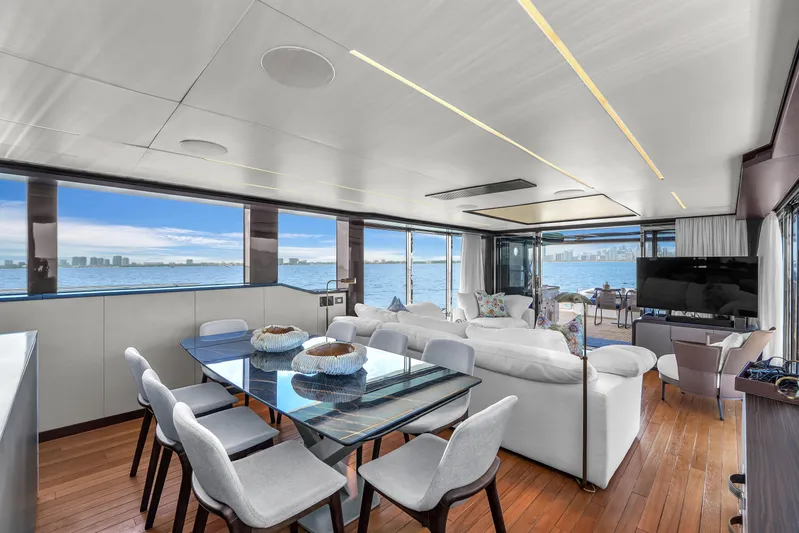  Yacht Photos Pics Luxurious interior of 2021 OKEAN 80 yacht with panoramic ocean views and modern furnishings.