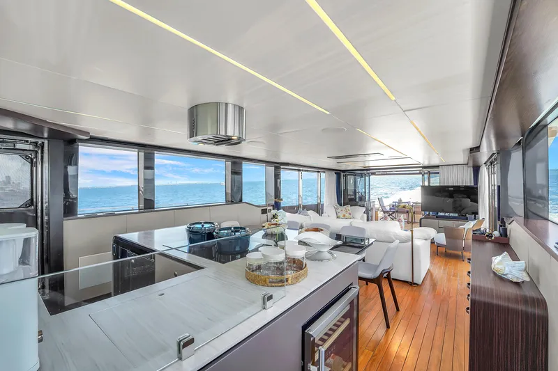  Yacht Photos Pics Luxurious interior of 2021 OKEAN 80 yacht with ocean view, modern furnishings, and elegant design.