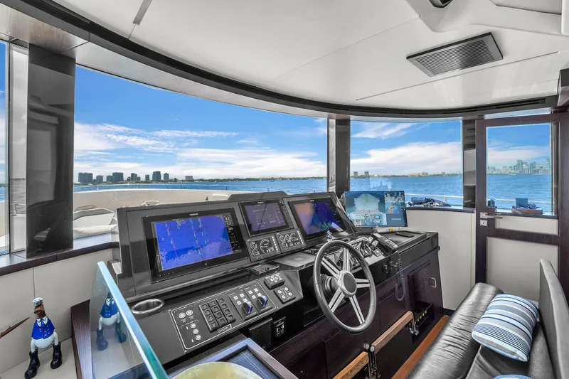  Yacht Photos Pics Luxurious 2021 OKEAN 80 yacht helm with panoramic ocean view and advanced navigation systems.