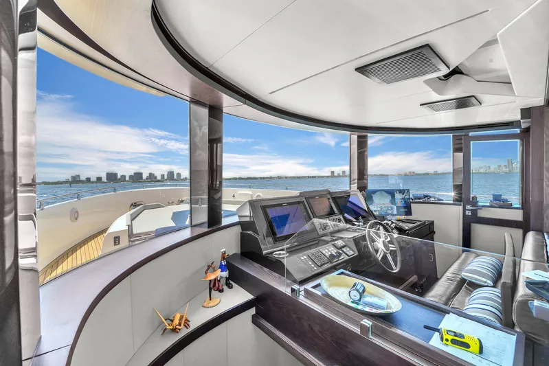  Yacht Photos Pics Luxurious 2021 OKEAN 80 yacht helm with panoramic ocean views and modern navigation equipment.