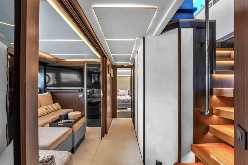  Yacht Photos Pics Luxurious interior of 2021 OKEAN 80 yacht with modern design and elegant lighting.