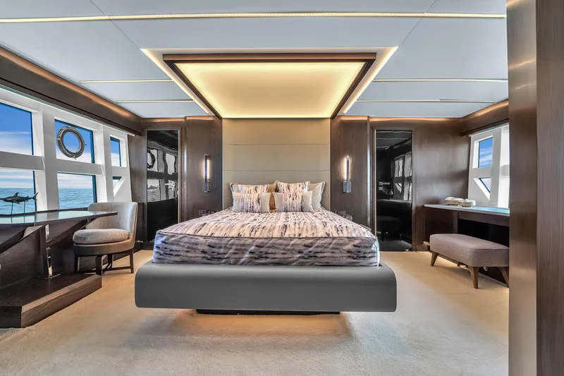  Yacht Photos Pics Luxurious bedroom interior on 2021 OKEAN 80 yacht with ocean views and modern design.