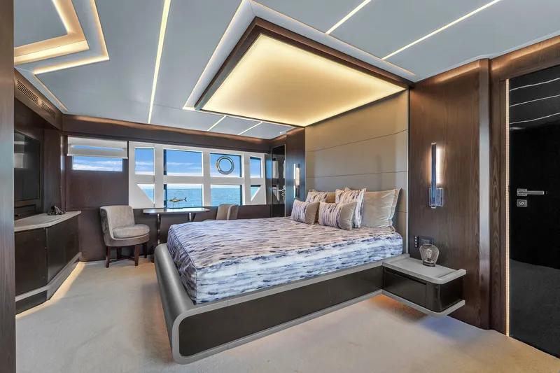  Yacht Photos Pics Luxurious bedroom interior on 2021 OKEAN 80 yacht with ocean view and modern design.