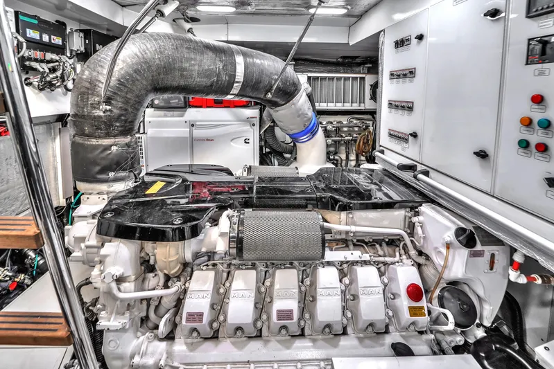  Yacht Photos Pics Engine room of 2021 OKEAN 80 yacht, featuring advanced machinery and control panels.