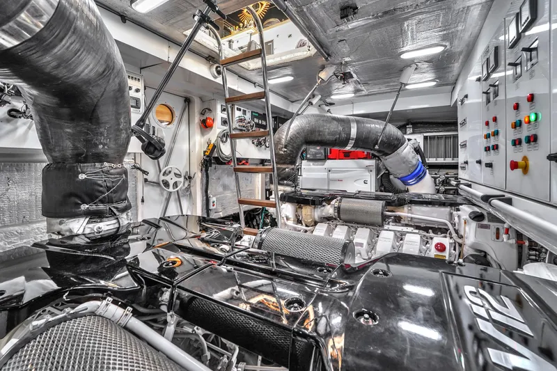  Yacht Photos Pics Engine room of 2021 OKEAN 80 yacht with advanced machinery and control panels.