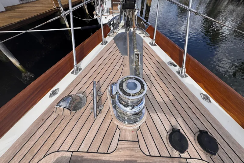 Entertainer Yacht Photos Pics Deck of 1989 Little Harbor Sloop 58' with winch and teak finish.