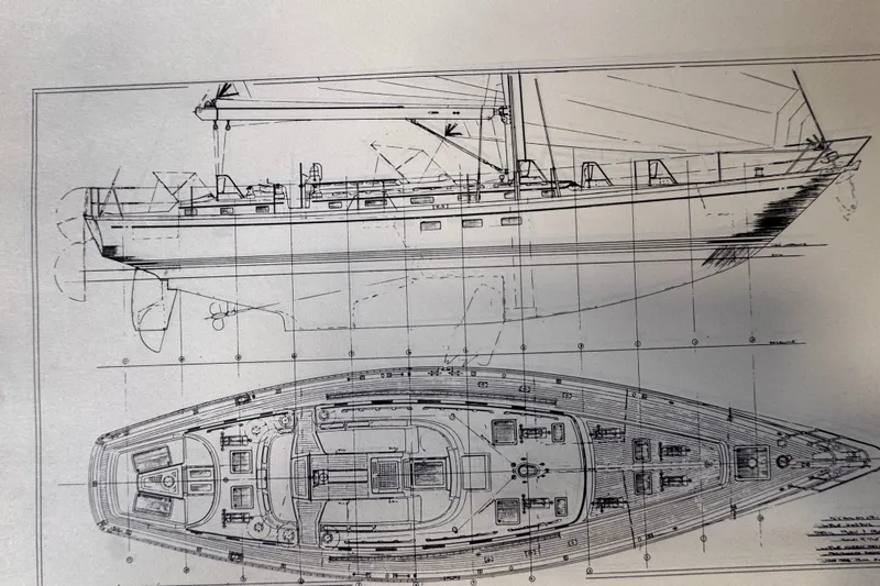 Entertainer Yacht Photos Pics Blueprint of 1989 Little Harbor Sloop 58' sailboat, showcasing side and top views.