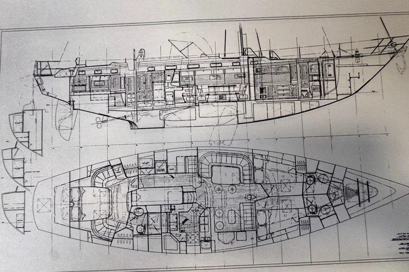 Entertainer Yacht Photos Pics Blueprint of a 1989 Little Harbor Sloop 58' yacht, showcasing detailed interior layout.