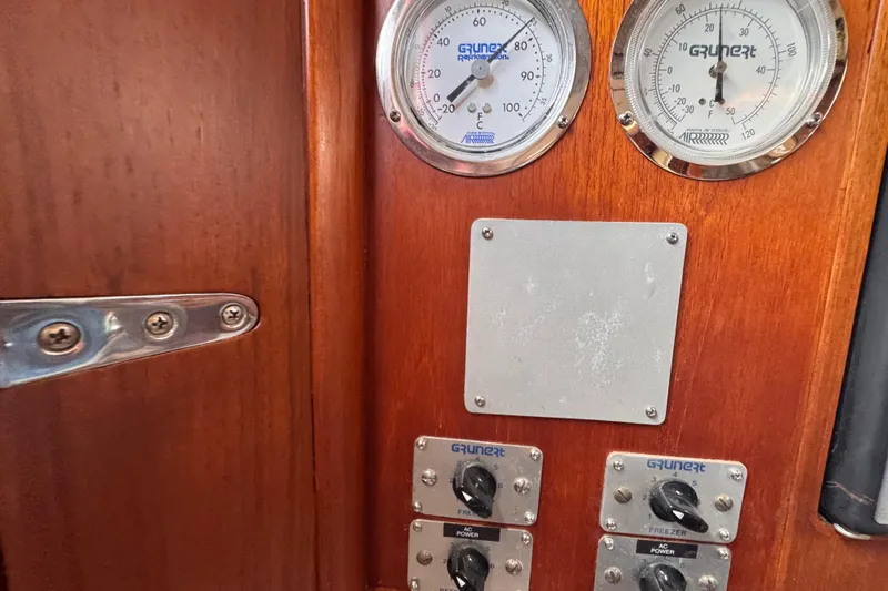 Entertainer Yacht Photos Pics Control panel on 1989 Little Harbor Sloop 58', featuring gauges and switches.