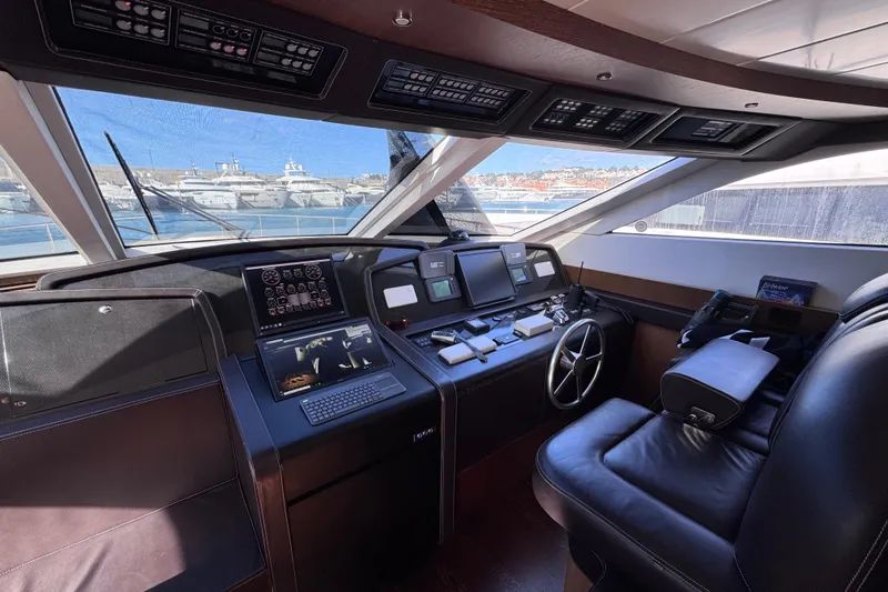  Yacht Photos Pics Helm of 2009 Canados 86 yacht with modern navigation equipment and luxurious seating.