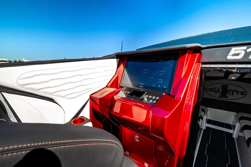  Yacht Photos Pics Interior of 2020 Cigarette 515 boat with sleek dashboard and modern design.