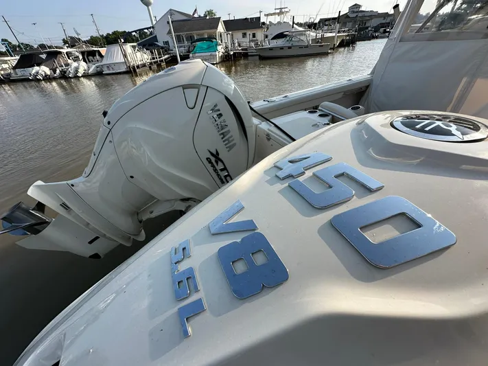  Yacht Photos Pics 2024 Grady-White Freedom 335 boat with Yamaha 450 V8 engine at marina.