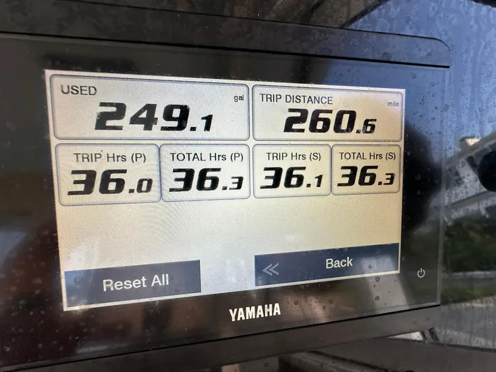  Yacht Photos Pics Display screen showing fuel usage and trip data for 2024 Grady-White Freedom 335 boat.