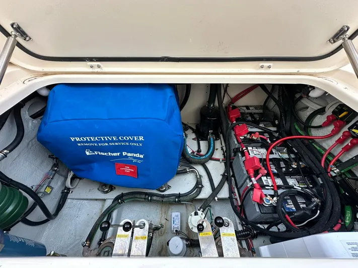  Yacht Photos Pics Engine compartment of 2024 Grady-White Freedom 335 with Fischer Panda generator and batteries.