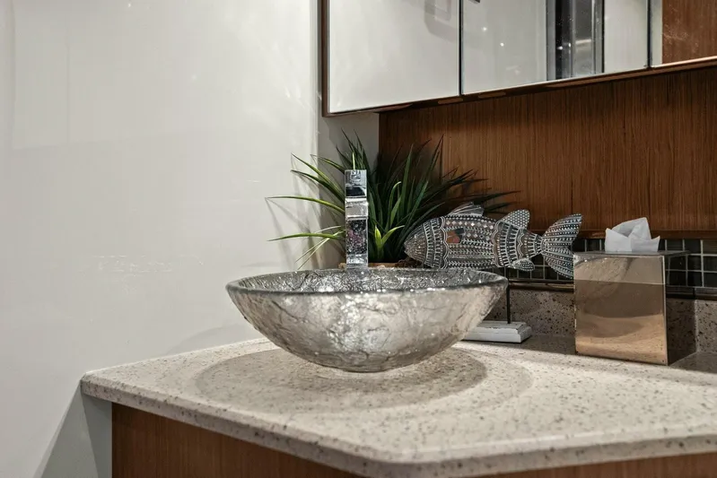 Shoes Knot Allowed Yacht Photos Pics Luxurious bathroom sink in 2014 Cruisers Yachts 540 Sports Coupe, featuring elegant glass basin.