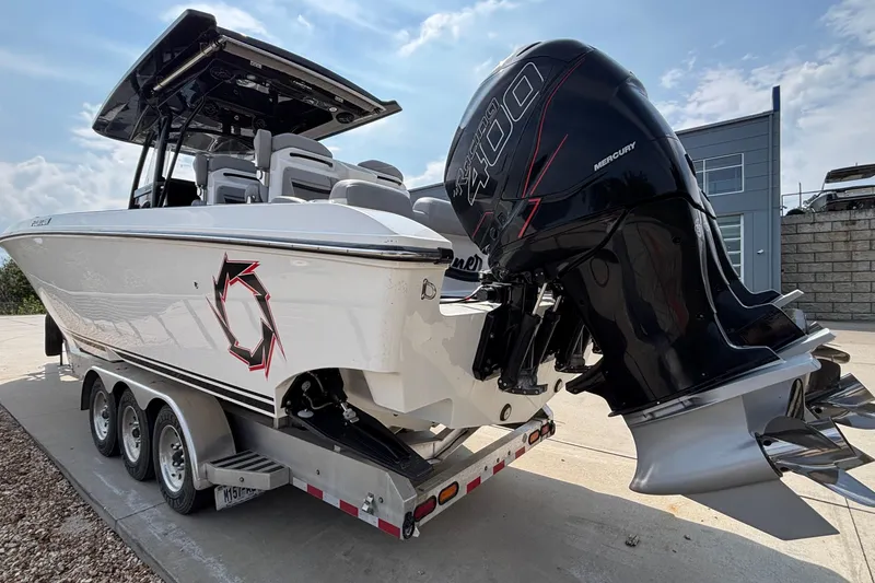  Yacht Photos Pics 2022 Fountain 38 SC boat with powerful Mercury Racing 400 engine on trailer.