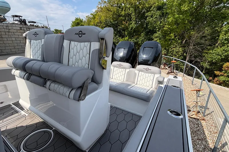 Yacht Photos Pics 2022 Fountain 38 SC boat interior with luxurious seating and dual engines.