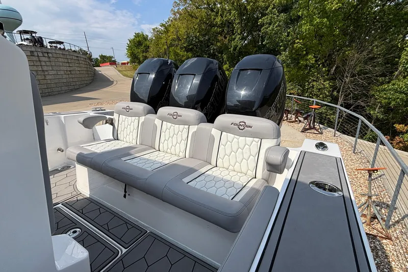  Yacht Photos Pics 2022 Fountain 38 SC boat with triple outboard engines and luxurious seating.