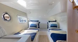 Custom Order You 375 Today! Yacht Photos Pics Interior of 2025 Hanover 375 Inboard boat with twin beds and modern design.