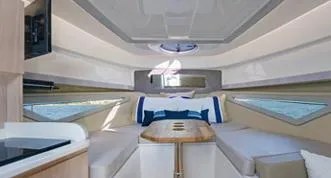Custom Order You 375 Today! Yacht Photos Pics Luxurious interior of 2025 Hanover 375 Inboard boat with modern seating and elegant design.