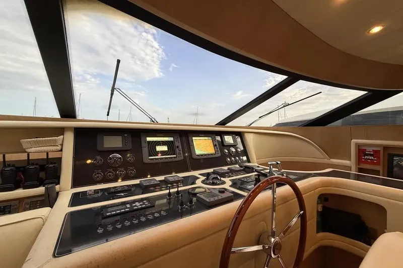  Yacht Photos Pics Luxurious helm of 2009 Maiora 27 yacht with advanced navigation controls and panoramic view.