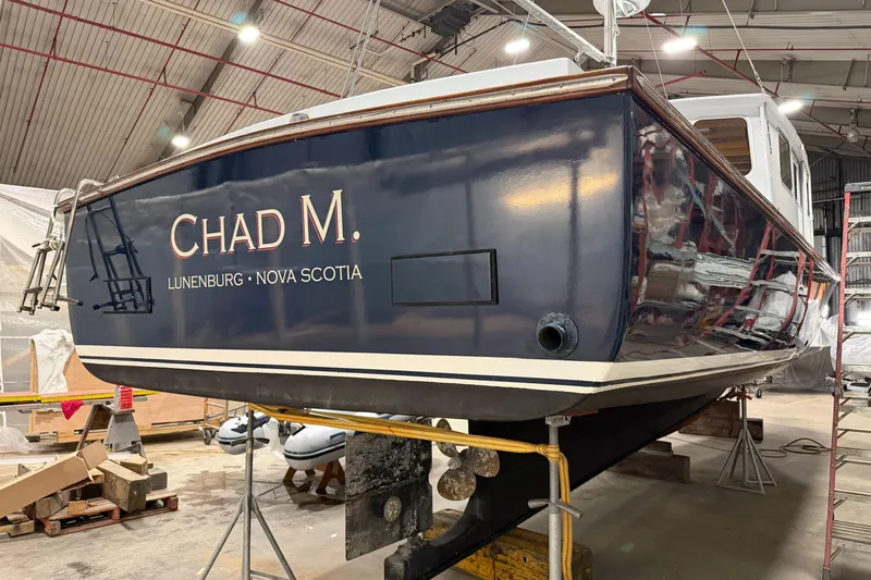 Chad-m Yacht Photos Pics Covey Island 38 Lobster Yacht 2022 in a workshop, Lunenburg, Nova Scotia.