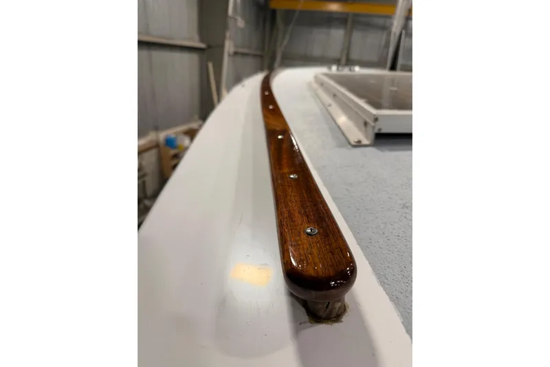 Chad-m Yacht Photos Pics 2022 Covey Island 38 Lobster Yacht with polished wooden handrail detail.