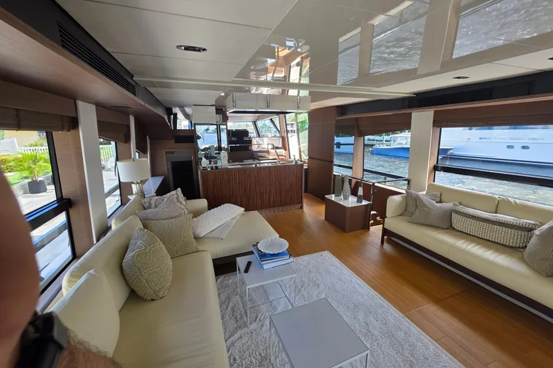  Yacht Photos Pics Luxurious interior of 2022 Prestige X70 yacht with elegant seating and modern decor.