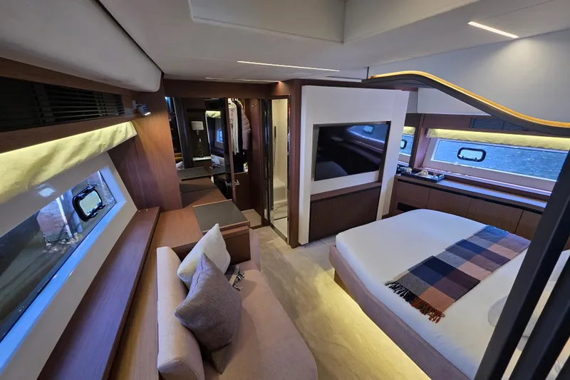  Yacht Photos Pics Luxurious interior of 2022 Prestige X70 yacht with modern bedroom design.