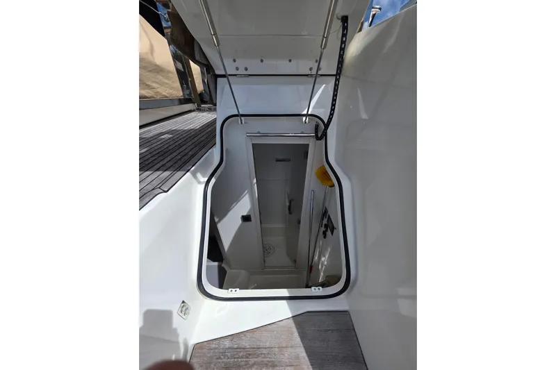  Yacht Photos Pics Hatch entrance on 2022 Prestige X70 yacht, showcasing sleek design and modern features.