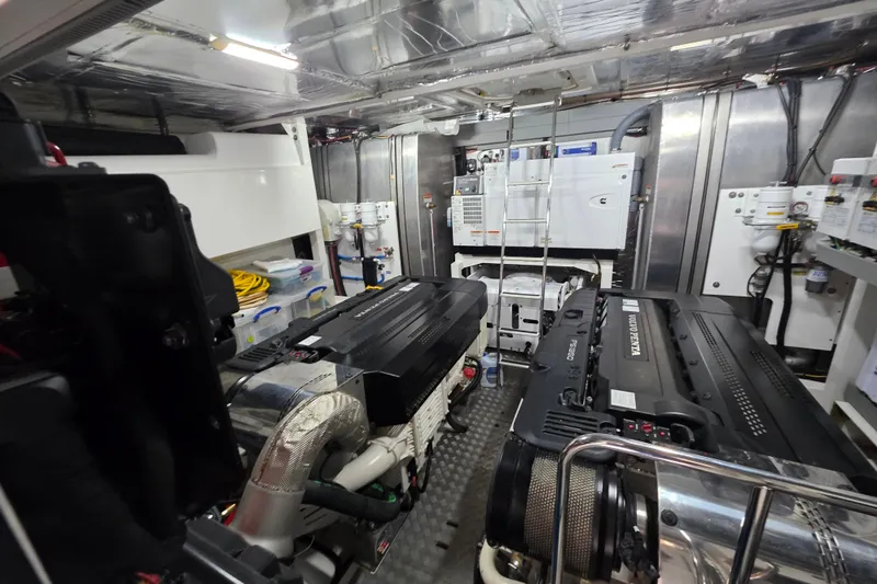  Yacht Photos Pics Engine room of 2022 Prestige X70 yacht with advanced machinery and equipment.