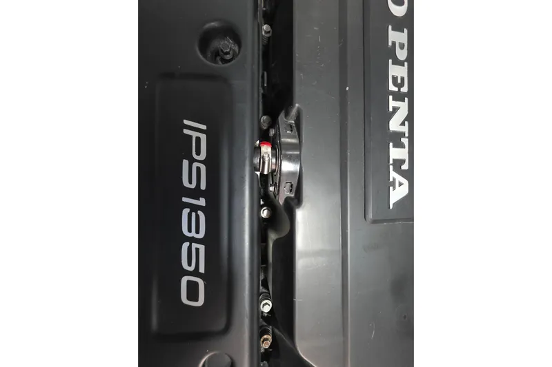  Yacht Photos Pics Engine compartment of 2022 Prestige X70 with IPS1350 and Volvo Penta branding.