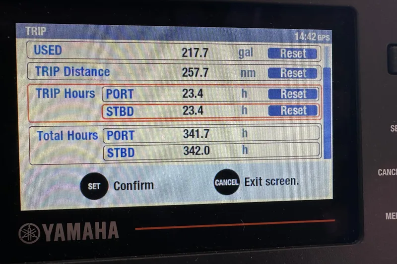 Mauka Makai Yacht Photos Pics Yamaha boat display showing trip data: 217.7 gallons used, 257.7 nautical miles traveled.