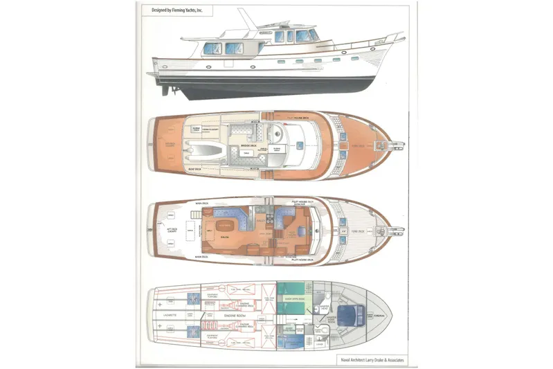 Fiddlesticks Yacht Photos Pics Blueprint of 2007 Fleming 55 yacht, showcasing detailed deck and interior layouts.