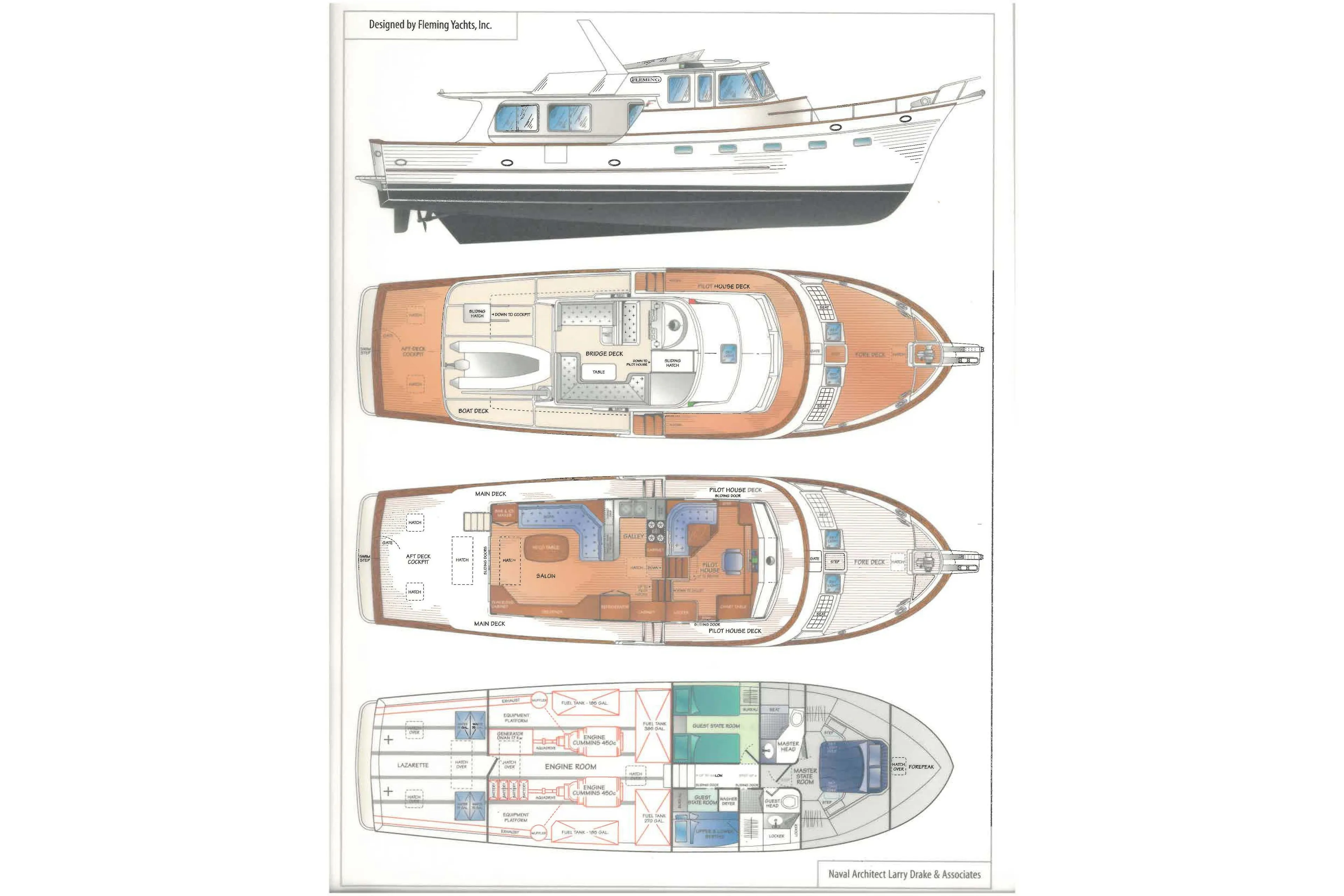 Blueprint of 2007 Fleming 55 yacht, showcasing detailed deck and interior layouts.