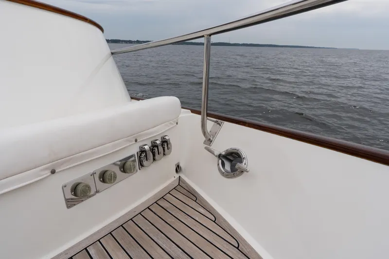 Fiddlesticks Yacht Photos Pics Deck view of 2007 Fleming 55 yacht with ocean backdrop.