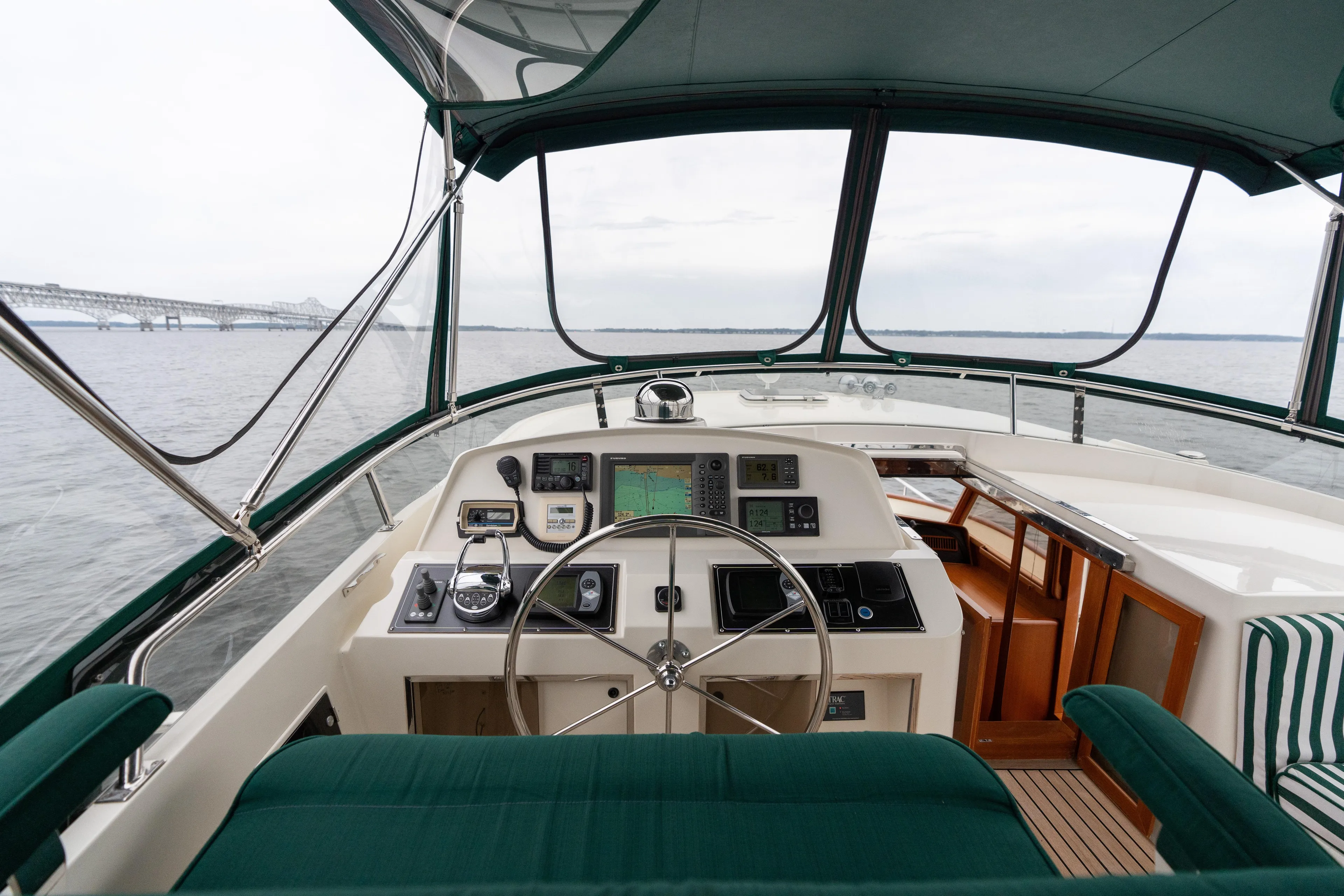 Fiddlesticks Yacht Photos Pics 2007 Fleming 55 yacht helm with navigation equipment, steering wheel, and ocean view.