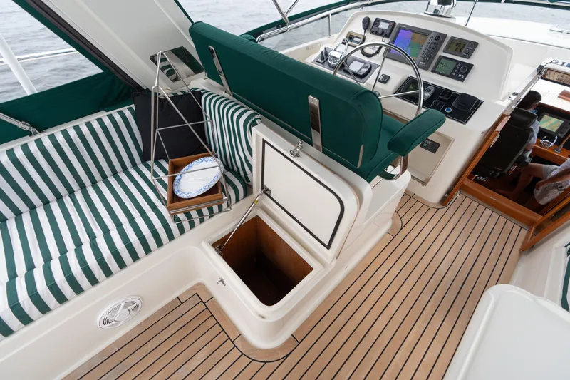 Fiddlesticks Yacht Photos Pics Luxurious 2007 Fleming 55 yacht helm with striped seating and advanced navigation controls.