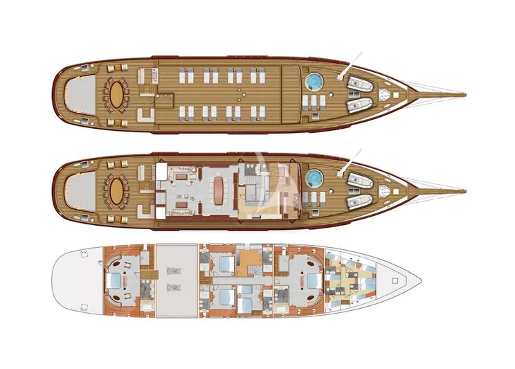 Yazz Yacht Photos Pics Deck layout of 2007 Aegean Yacht Schooner, featuring multiple levels and amenities.