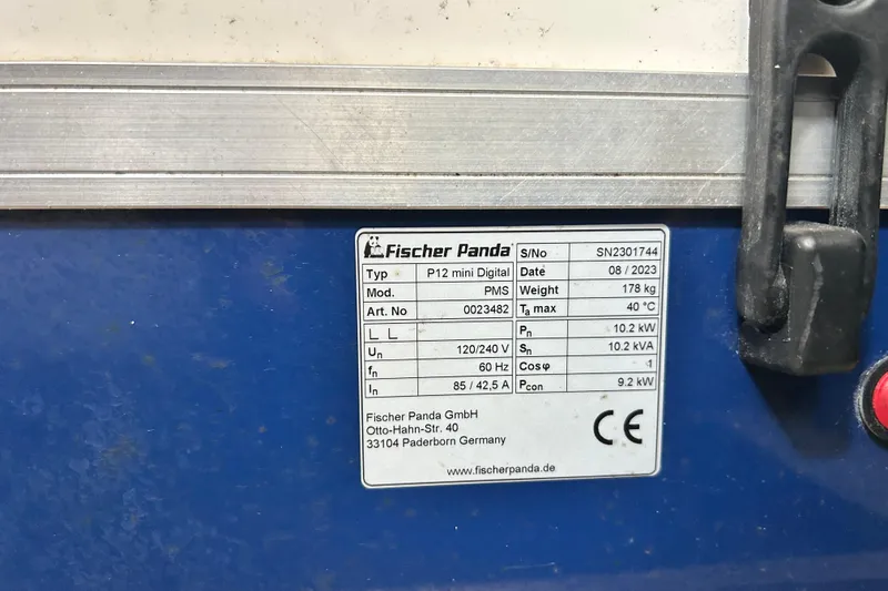 Party's Over Yacht Photos Pics Label on Fischer Panda generator, model P12 mini Digital, for 2024 Regal 42 FXO.