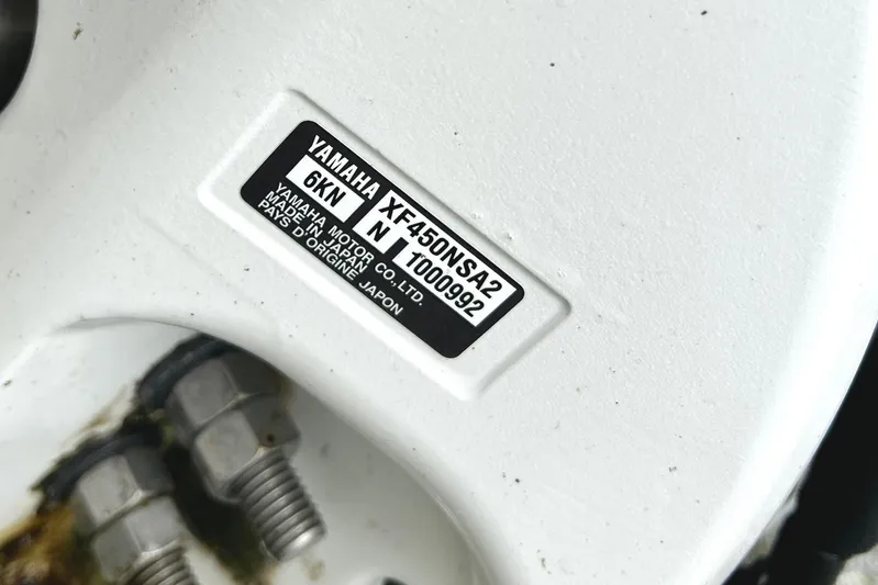 Party's Over Yacht Photos Pics Yamaha motor label on 2024 Regal 42 FXO, model XF450NSA2, made in Japan.