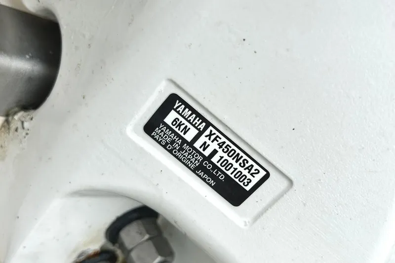 Party's Over Yacht Photos Pics Yamaha motor label on 2024 Regal 42 FXO, model XF450NSA2, made in Japan.