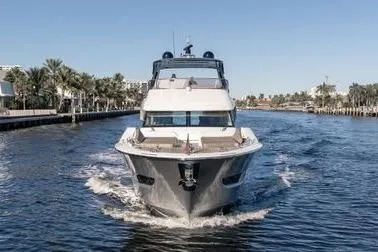  Yacht Photos Pics 2020 Monte Carlo Yachts MCY 66 cruising on a sunny day, surrounded by palm trees.