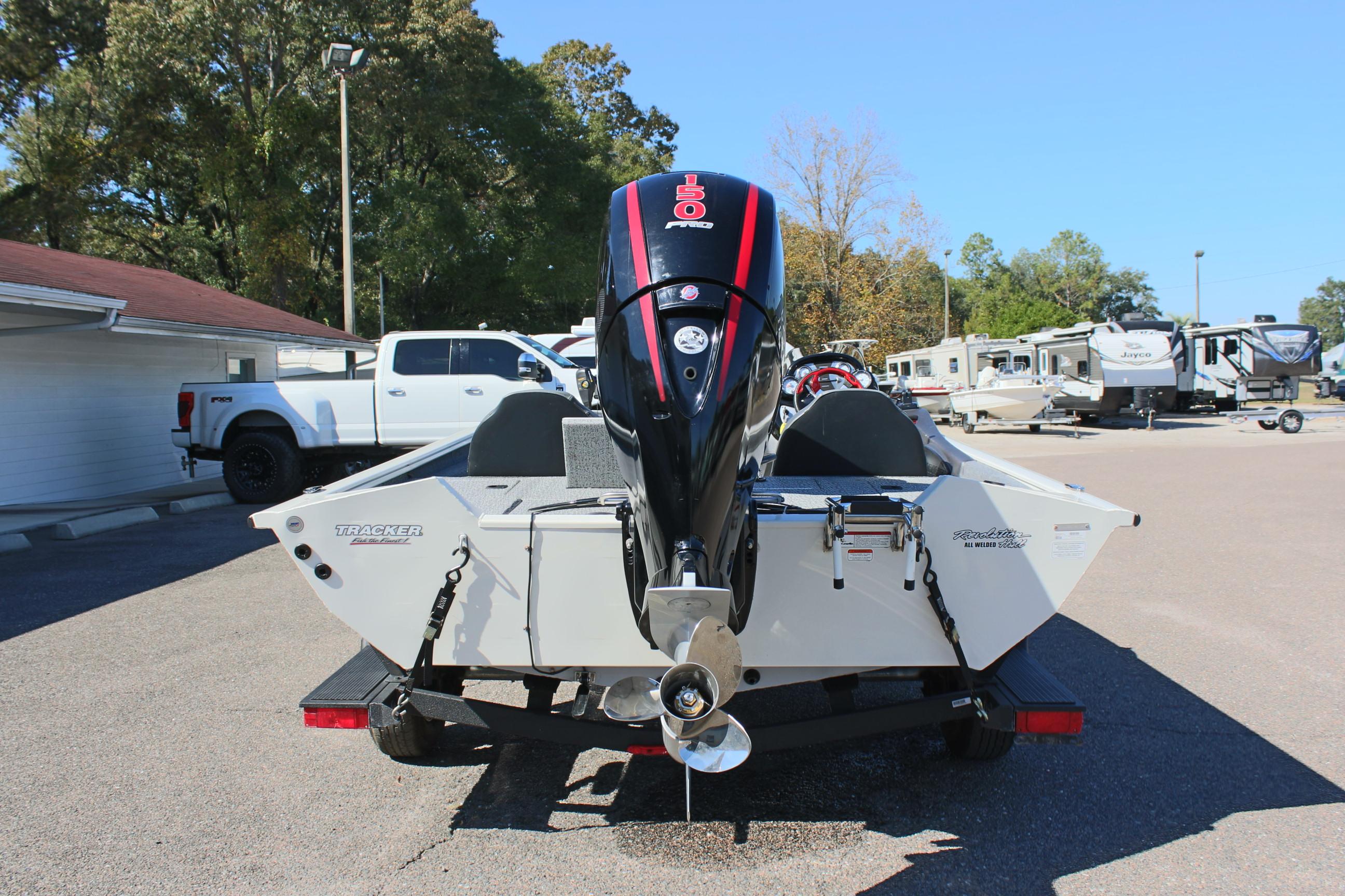 2021 Tracker 195 TXW Tournament Edition boat rear view with outboard motor.