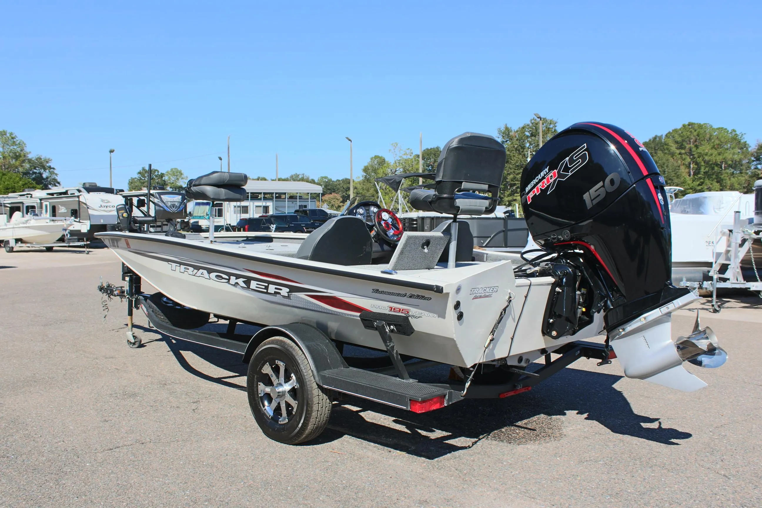 2021 Tracker 195 TXW Tournament Edition fishing boat with Mercury Pro XS engine.