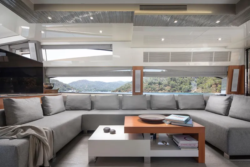  Yacht Photos Pics Luxurious interior of 2009 Sunseeker Predator 84 yacht with modern gray seating and scenic views.