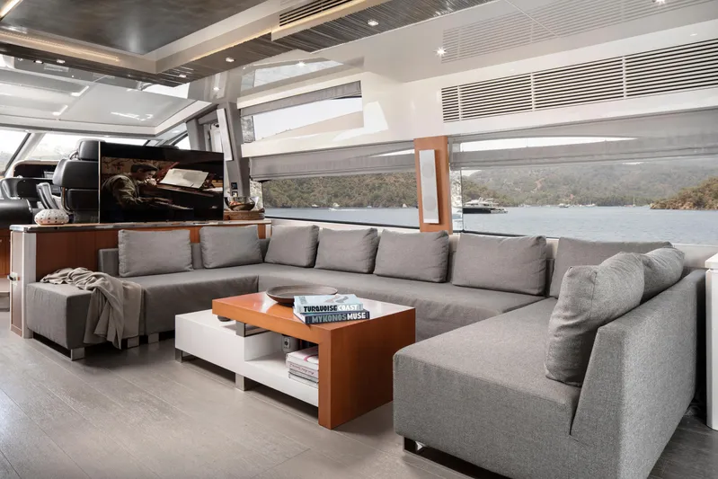  Yacht Photos Pics Luxurious interior of 2009 Sunseeker Predator 84 yacht with modern gray seating and scenic views.